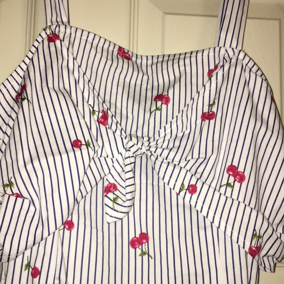 White & navy blue thin stripped cherry tank top - Picture 2 of 5